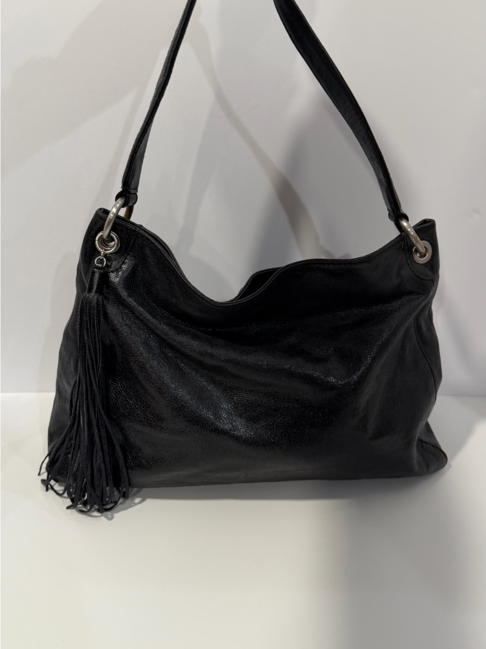 Hobo Black Leather Shoulder Bag with Tassel